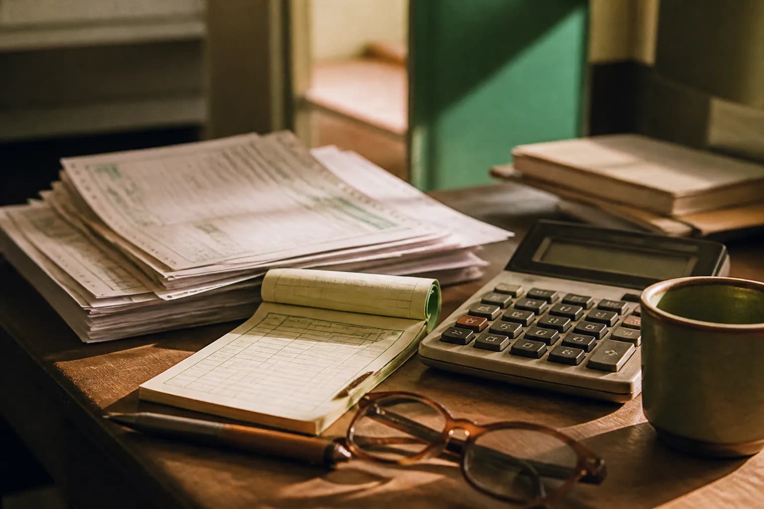 Mesa da administração com pilha de faturas impressas, bloco de recibos, calculadora e óculos de leitura