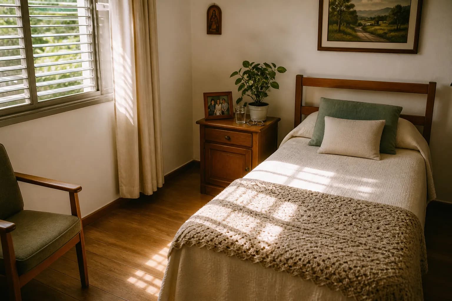 Quarto individual de casa de repouso com cama arrumada, manta de crochê e porta-retrato na mesa de cabeceira